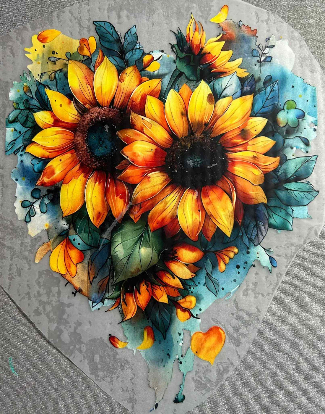 Colorful sunflower design with intricate details on a gray background.
