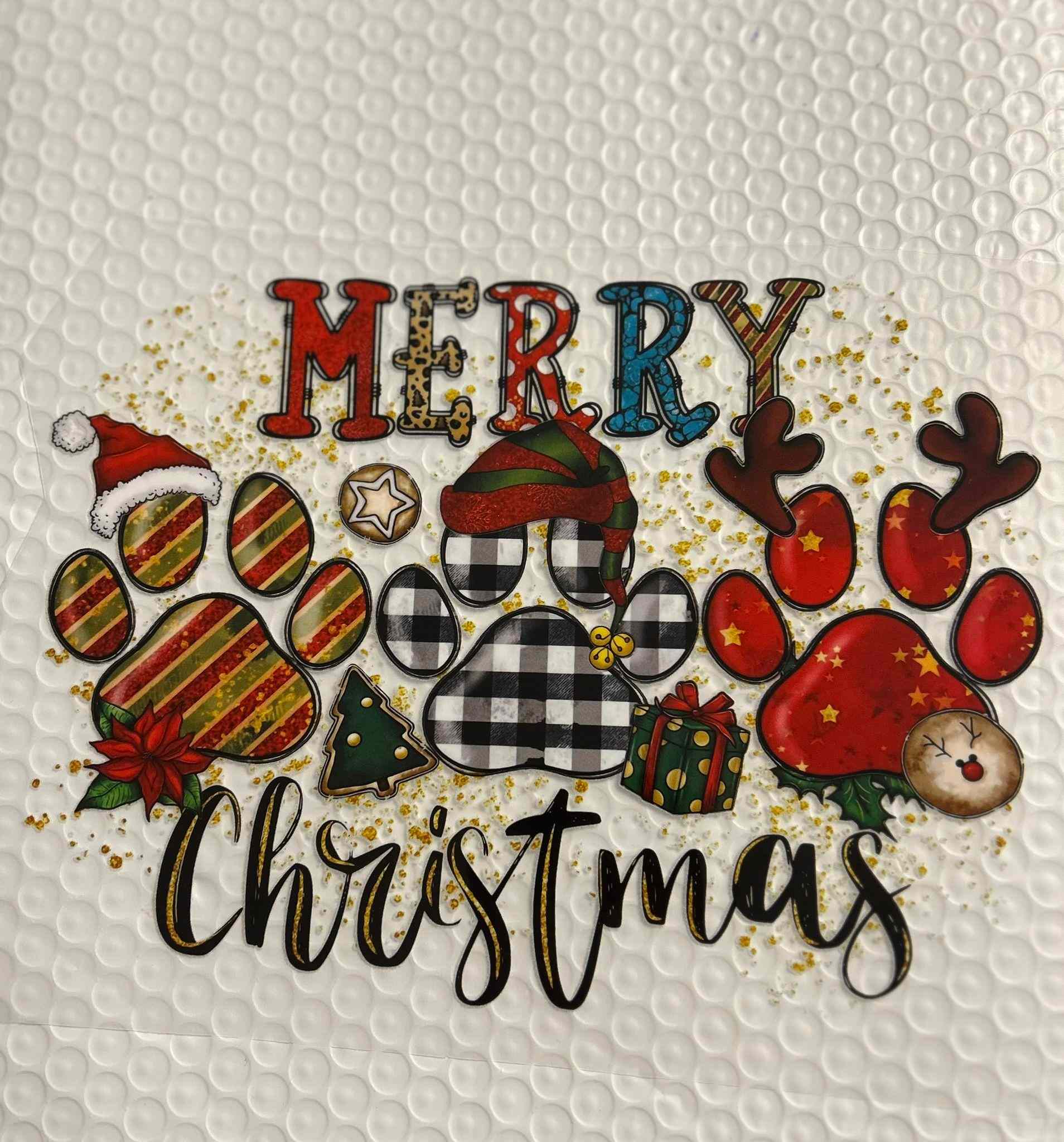 Merry Christmas holiday design with festive paw prints and decorations.