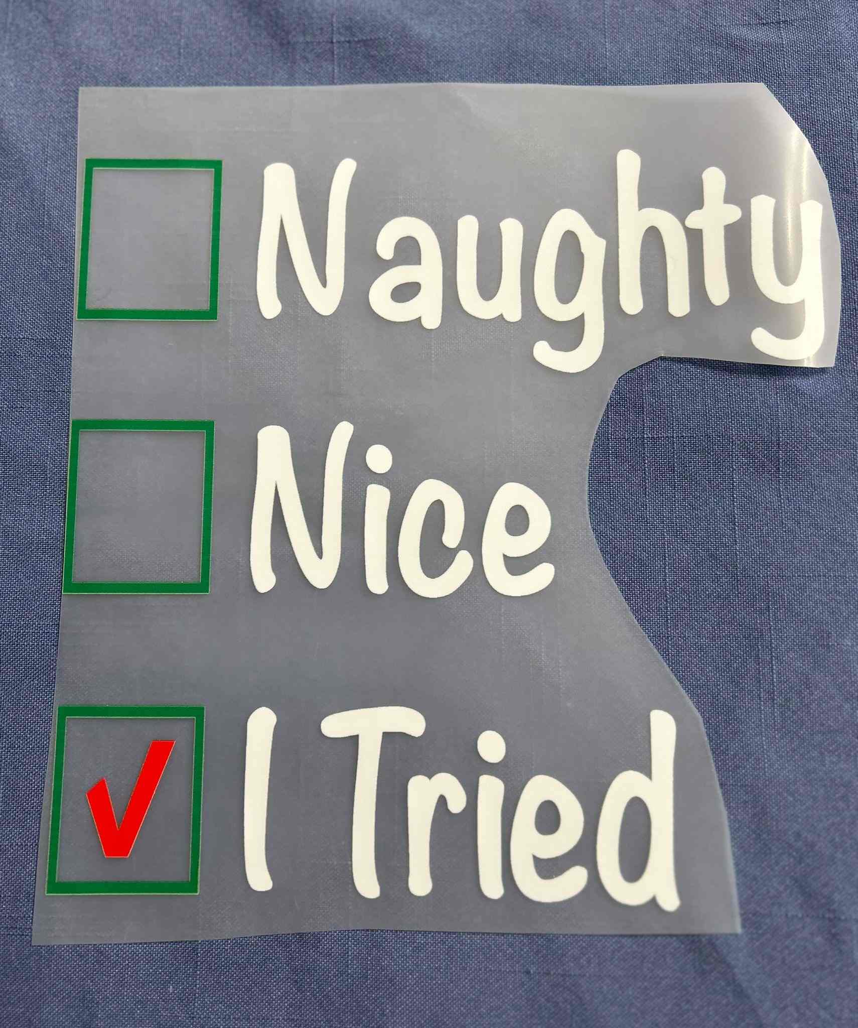 Festive holiday and season design with &quot;Naughty, Nice, I Tried&quot; checkboxes.