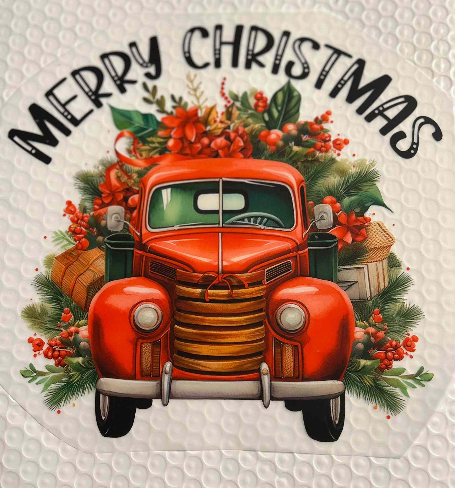 Vintage red truck with Christmas decorations and &quot;Merry Christmas&quot; text, Holiday &amp; Season design.