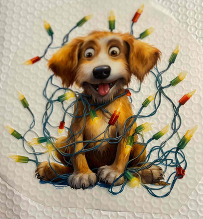 Dog tangled in holiday lights, festive holiday &amp; season design.