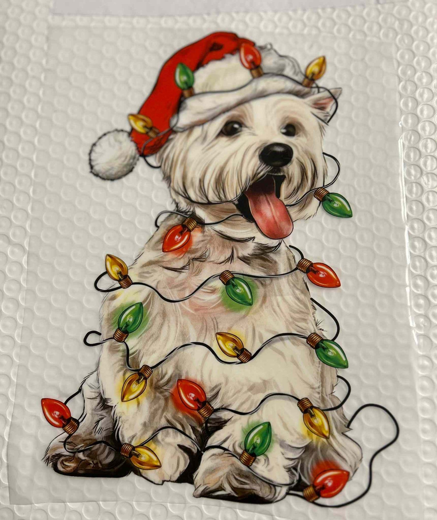 Holiday &amp; season design featuring festive dog with Santa hat and Christmas lights.