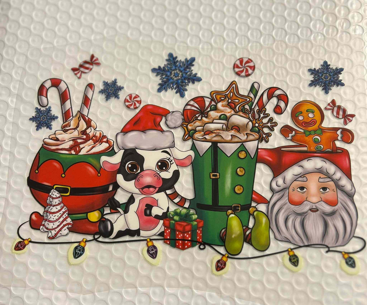 Festive holiday and season design with Christmas-themed elements, including Santa, candy, and decorations.