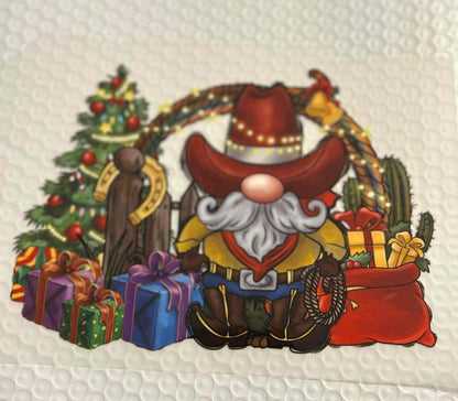 Holiday &amp; season design with cowboy gnome, Christmas tree, and gifts.