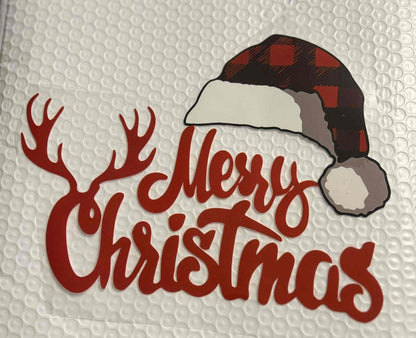 Christmas design with plaid Santa hat and antlers featuring &quot;Merry Christmas&quot; text.