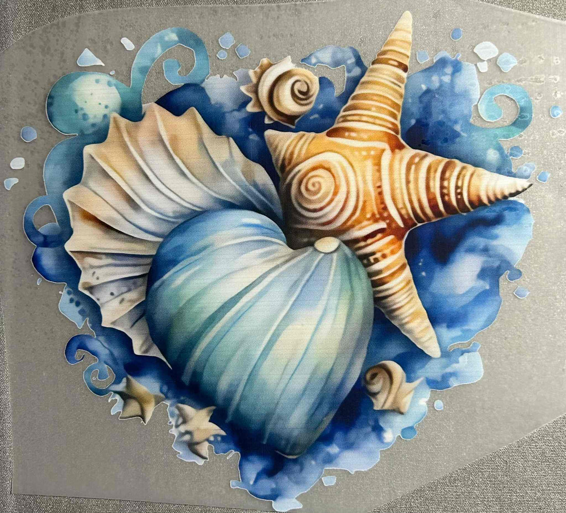 Elegant heart-shaped seashell and starfish design in blue tones. Kids Design