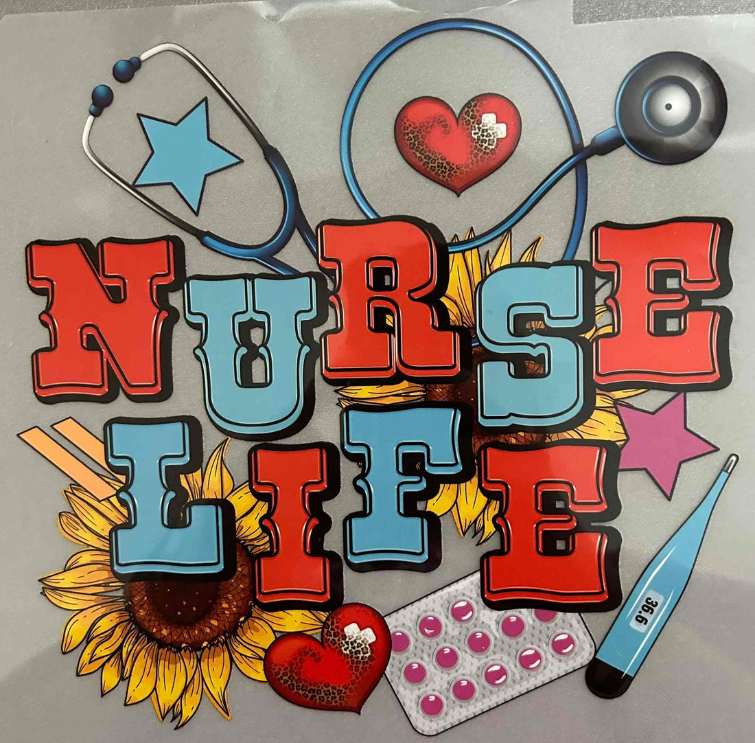 Colorful &quot;Nurse Life&quot; design with medical symbols and sunflowers.