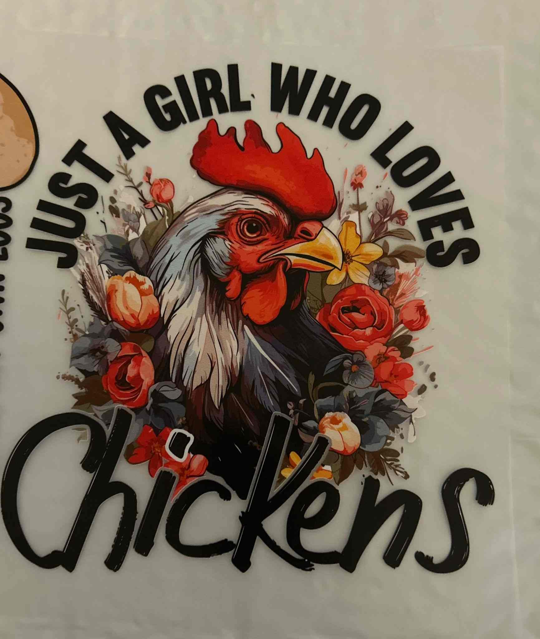 Animal Design chicken graphic with vibrant floral elements and text.