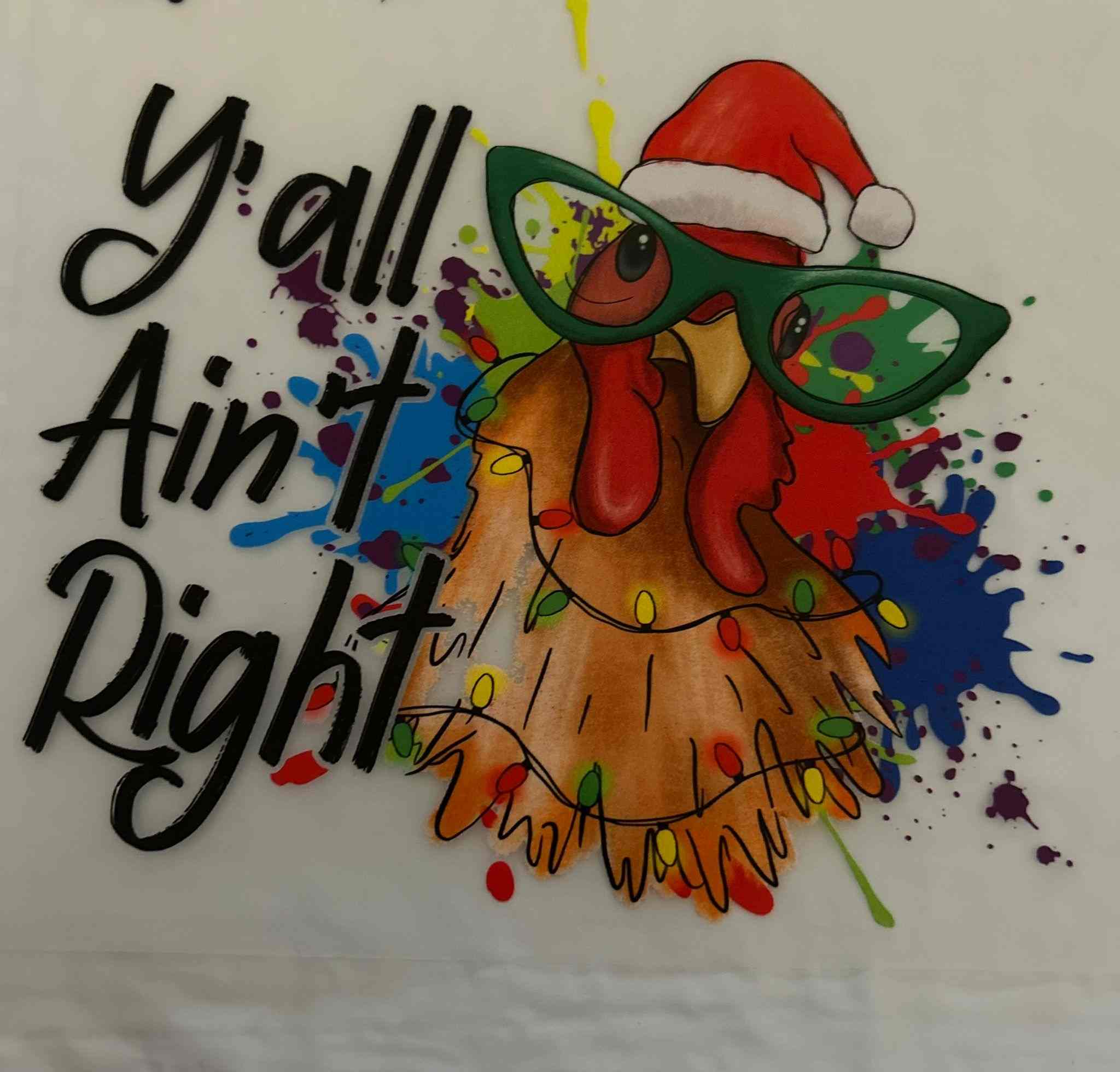 Animal design with a festive chicken in a Santa hat, wearing green glasses, surrounded by colorful splashes and the text &quot;Y&