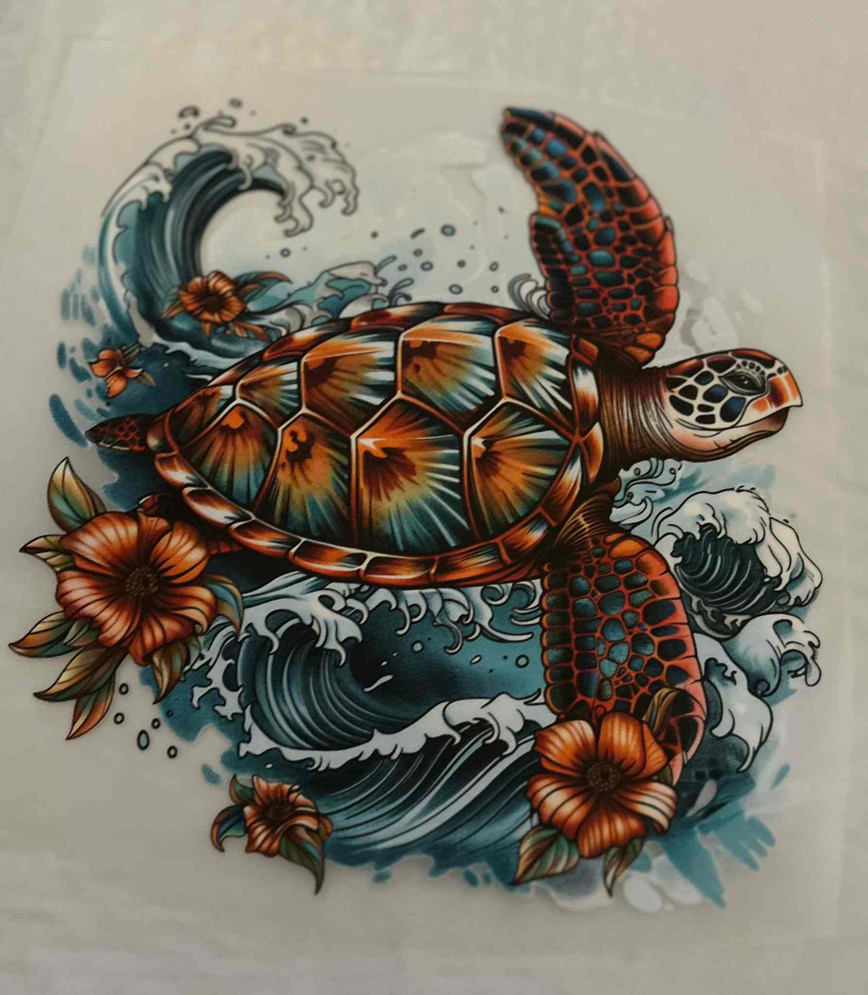 Turtle design with intricate animal patterns and floral elements.