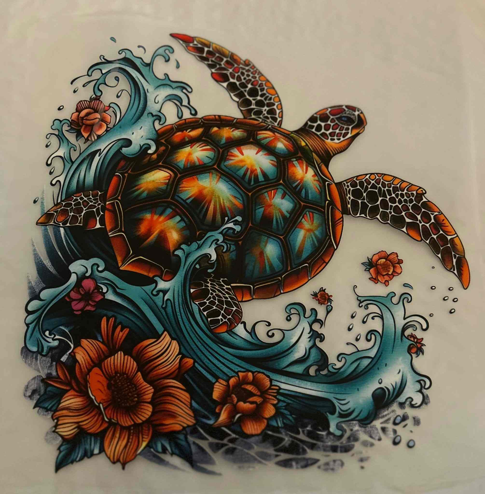 Turtle design with waves and flowers, part of Animal Designs collection.