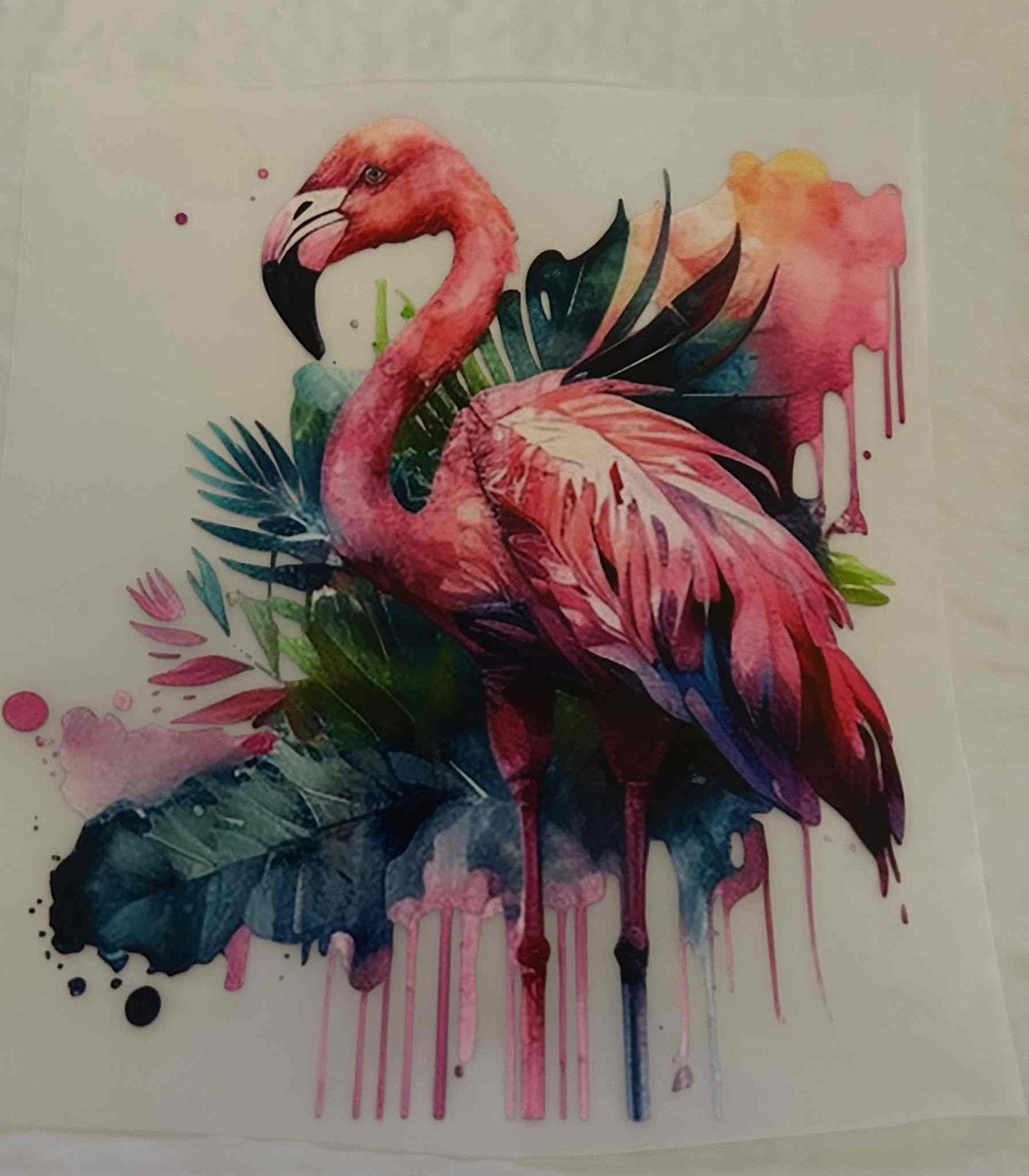 Colorful flamingo with tropical leaves, abstract animal design.