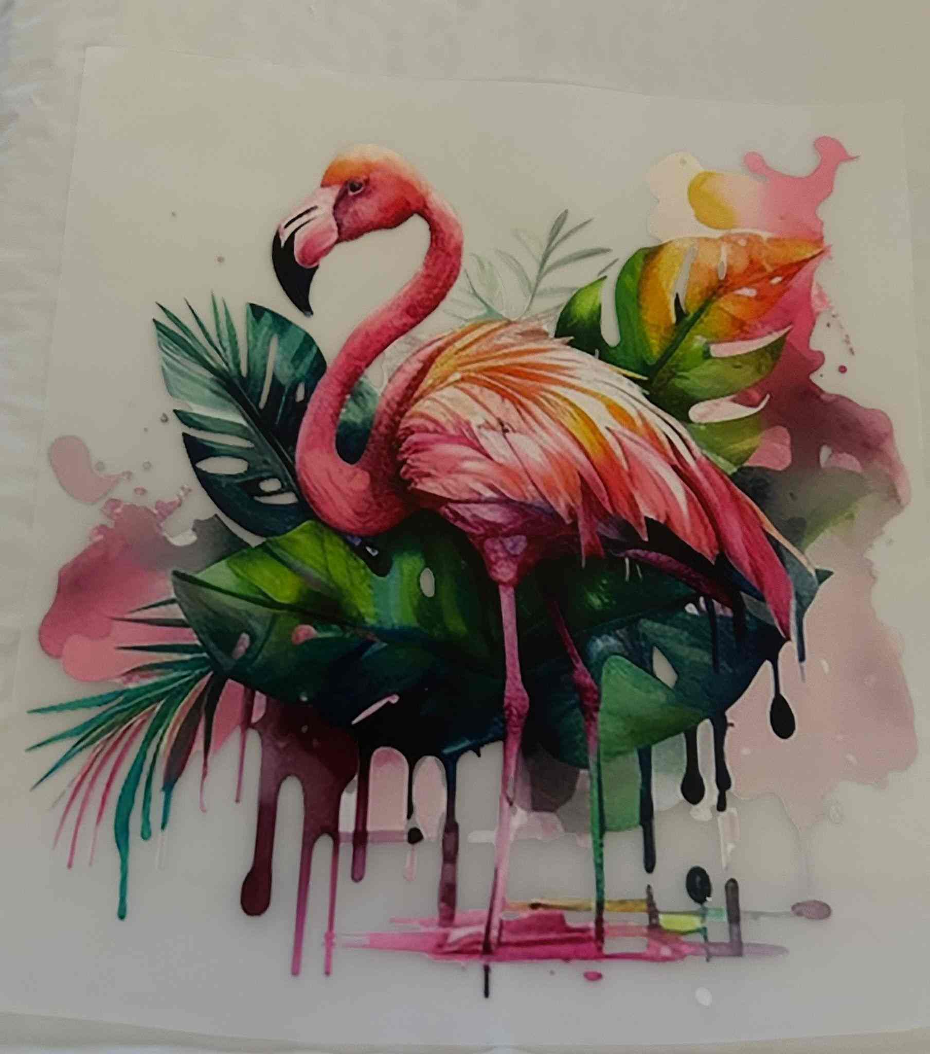 Flamingo animal design print with vibrant colors and leaf patterns.