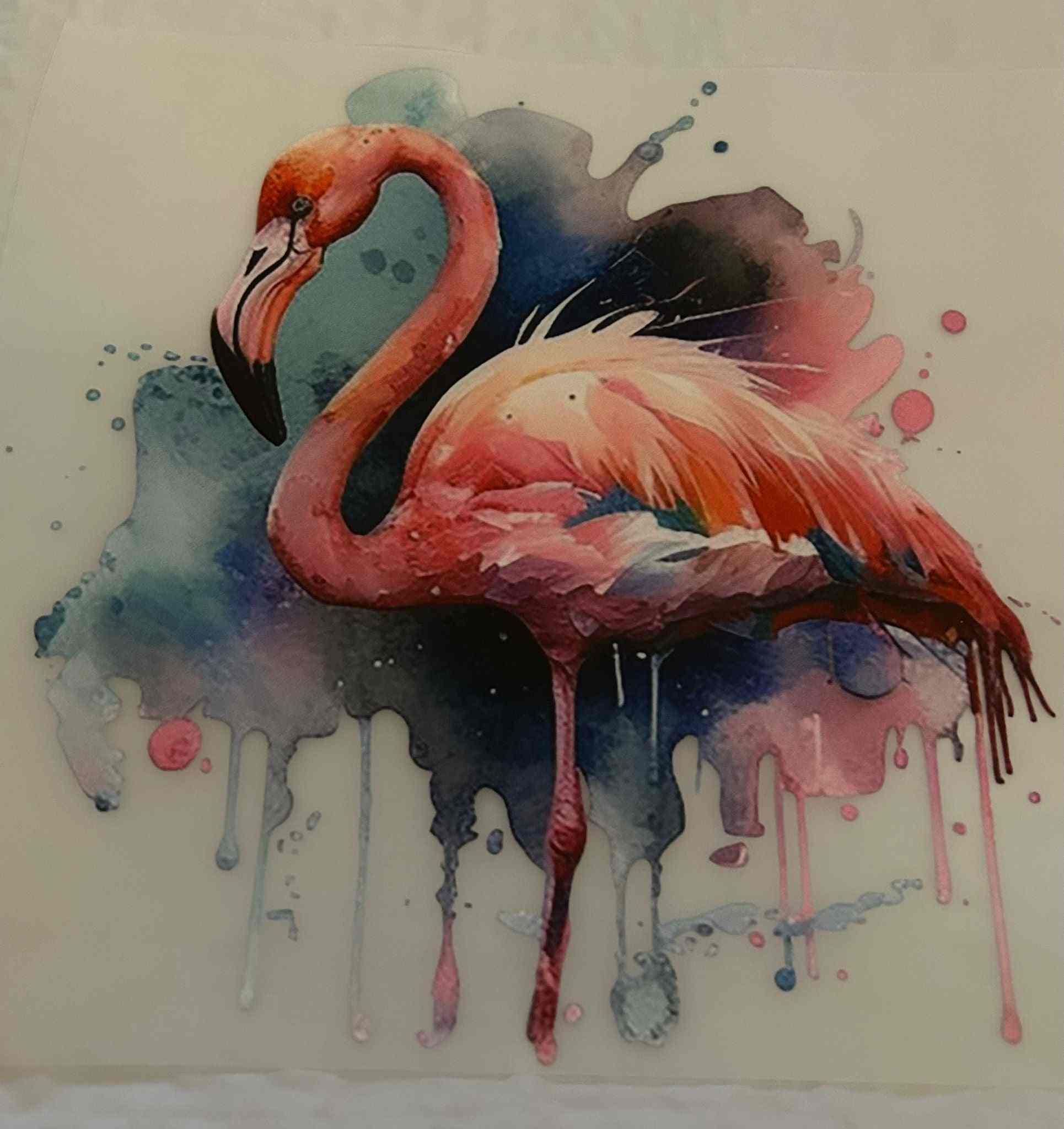 Colorful flamingo animal design with intricate patterns and watercolor effect.