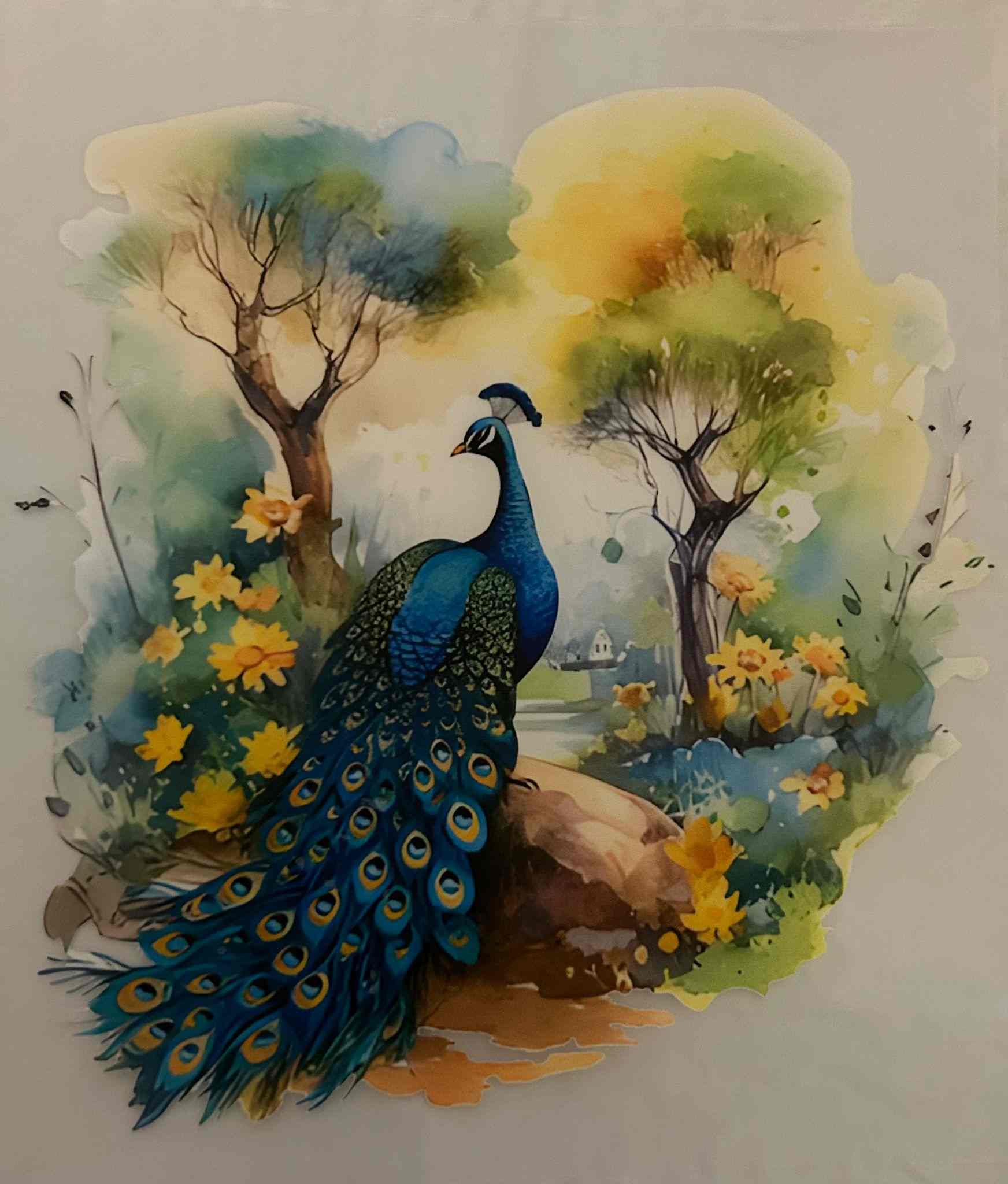 Intricate peacock design with vibrant colors in nature setting.