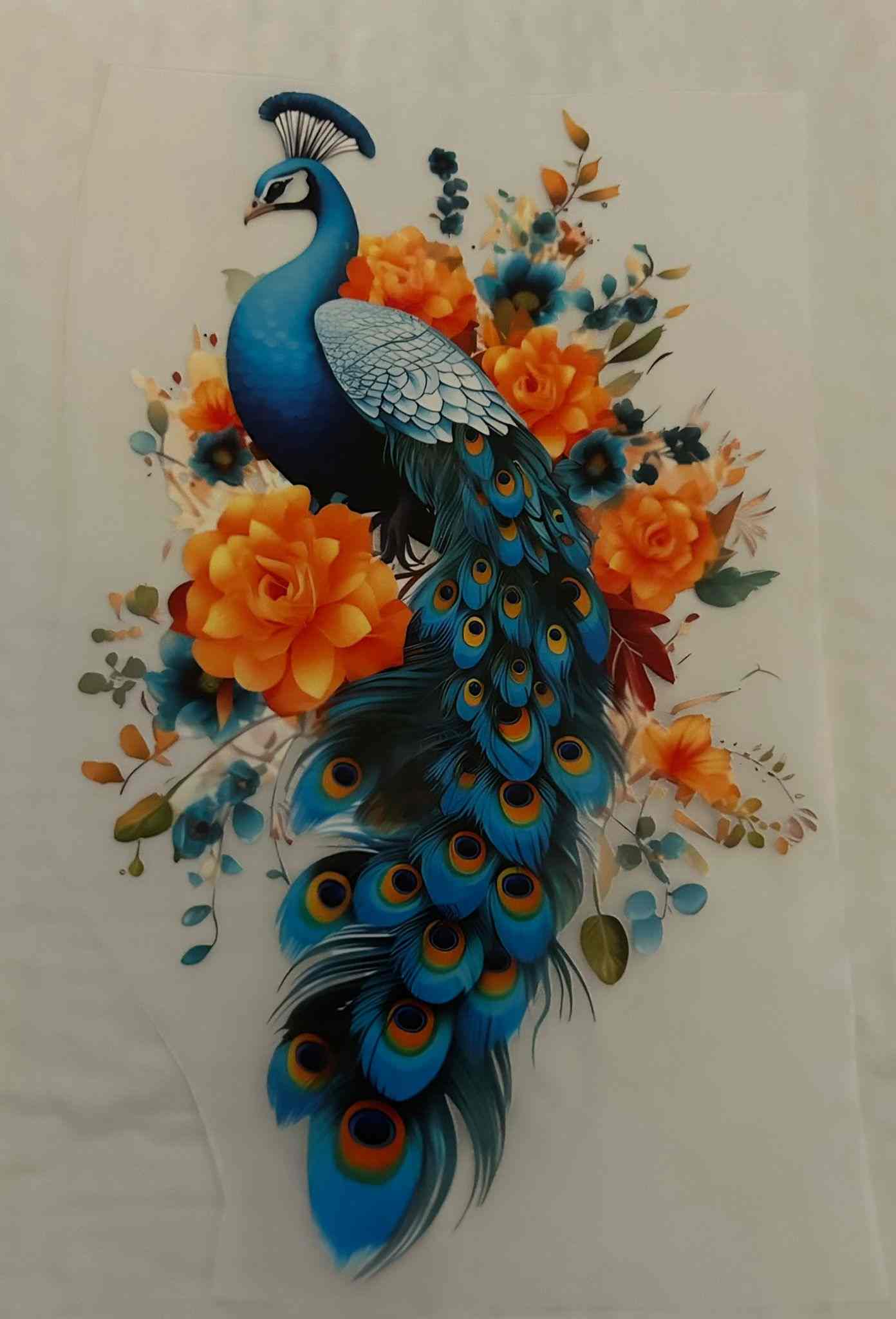 Peacock design with vibrant blue and orange floral elements, showcasing intricate animal design.