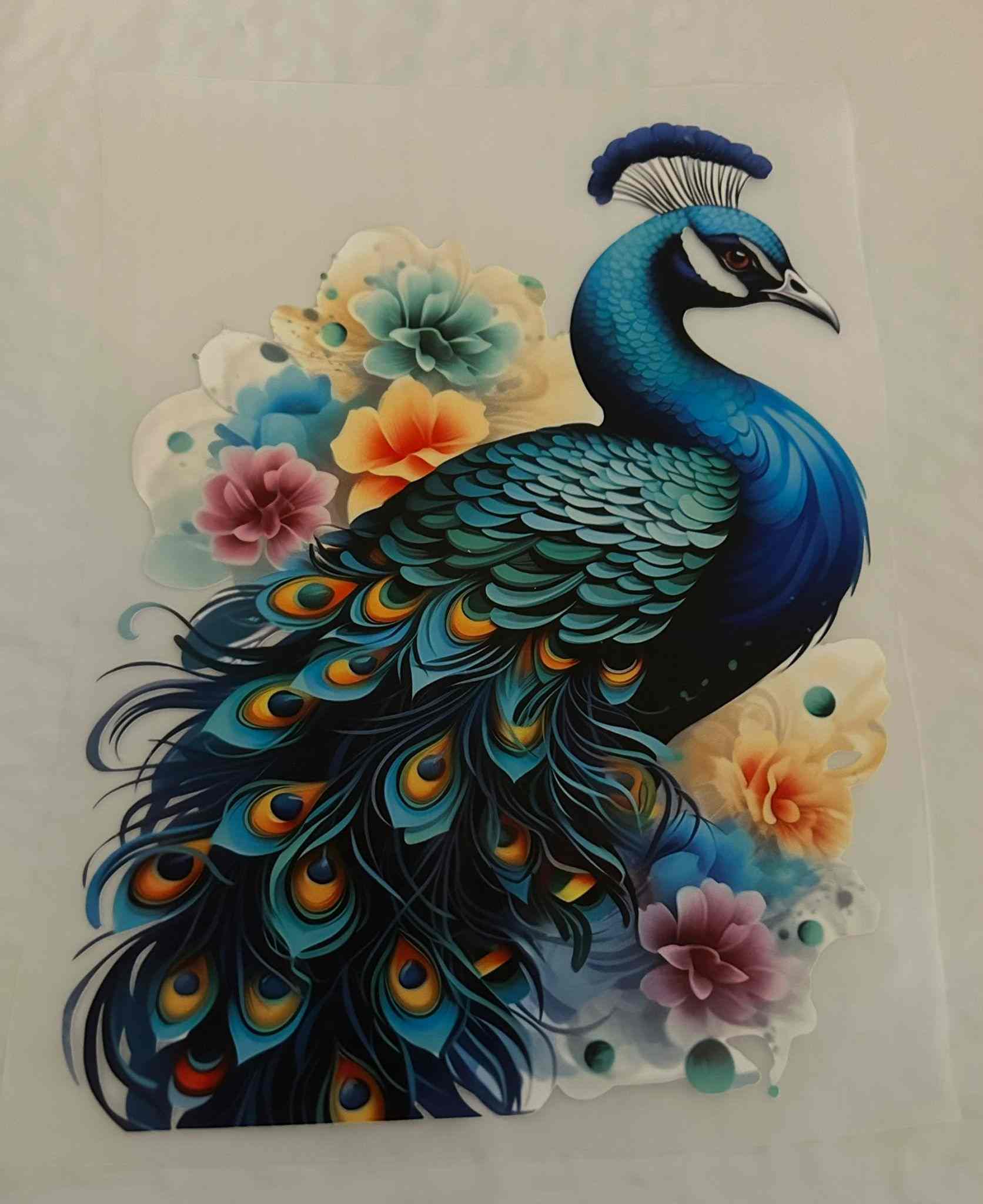 Intricate animal design featuring a colorful peacock with floral patterns.