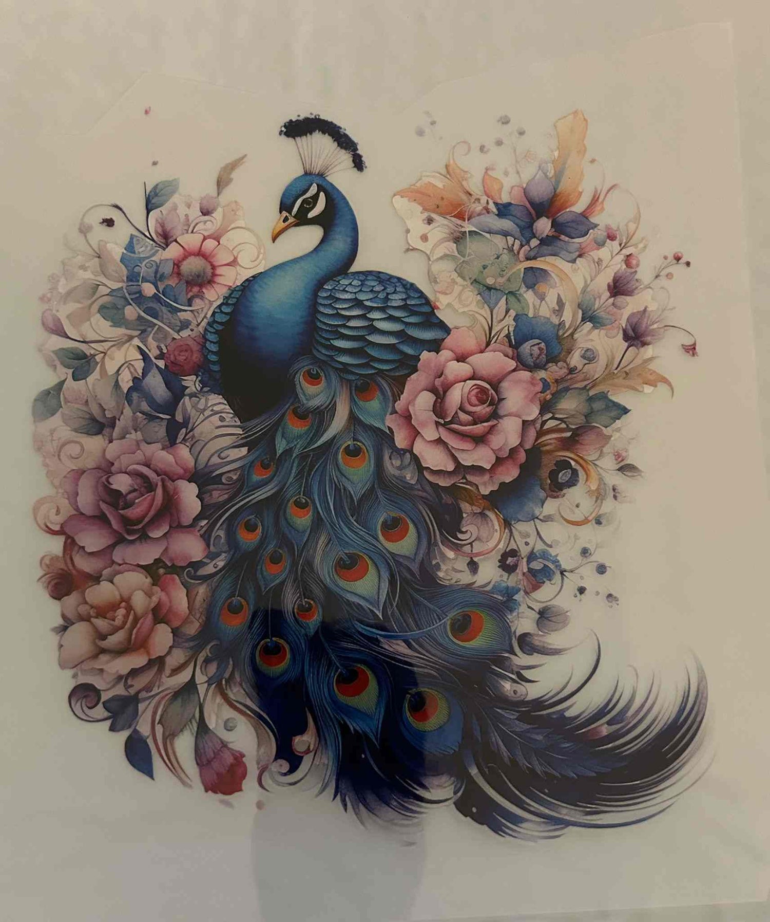 Peacock animal design with intricate patterns and floral elements.