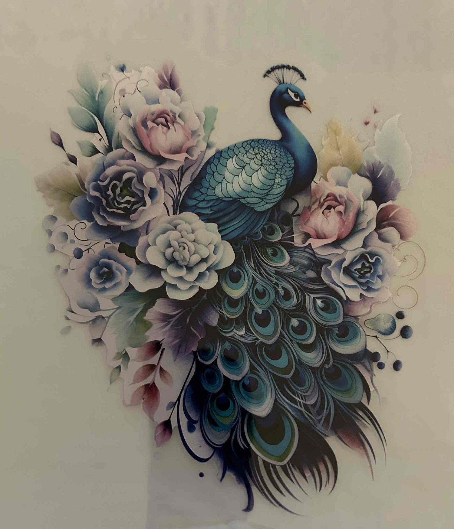 Peacock design with intricate animal patterns and floral elements.