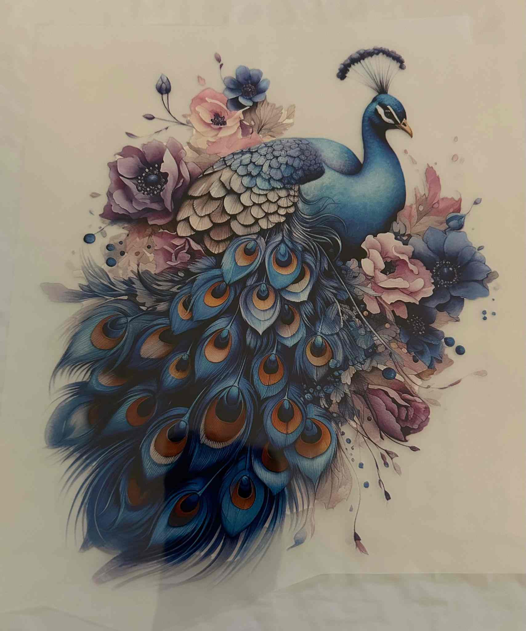 Intricate peacock animal design with vibrant feathers and floral accents.