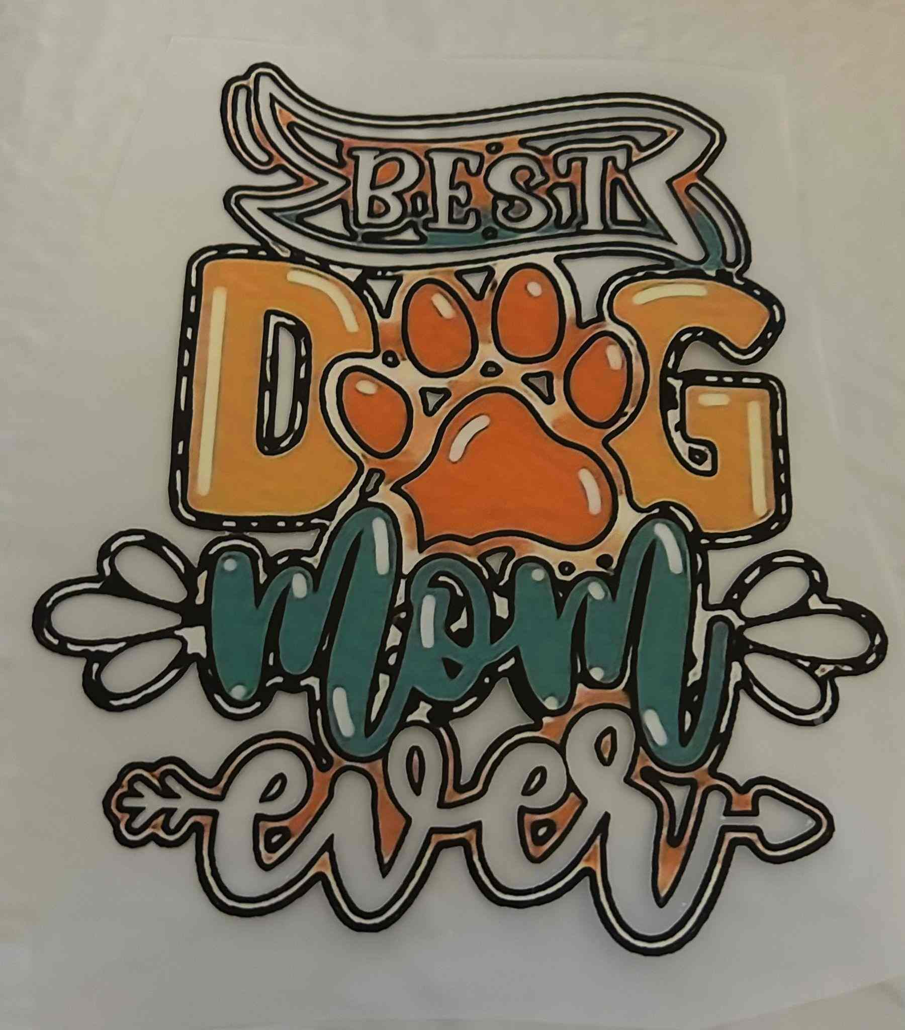 Best Dog Mom Ever animal design with paw print and decorative lettering.