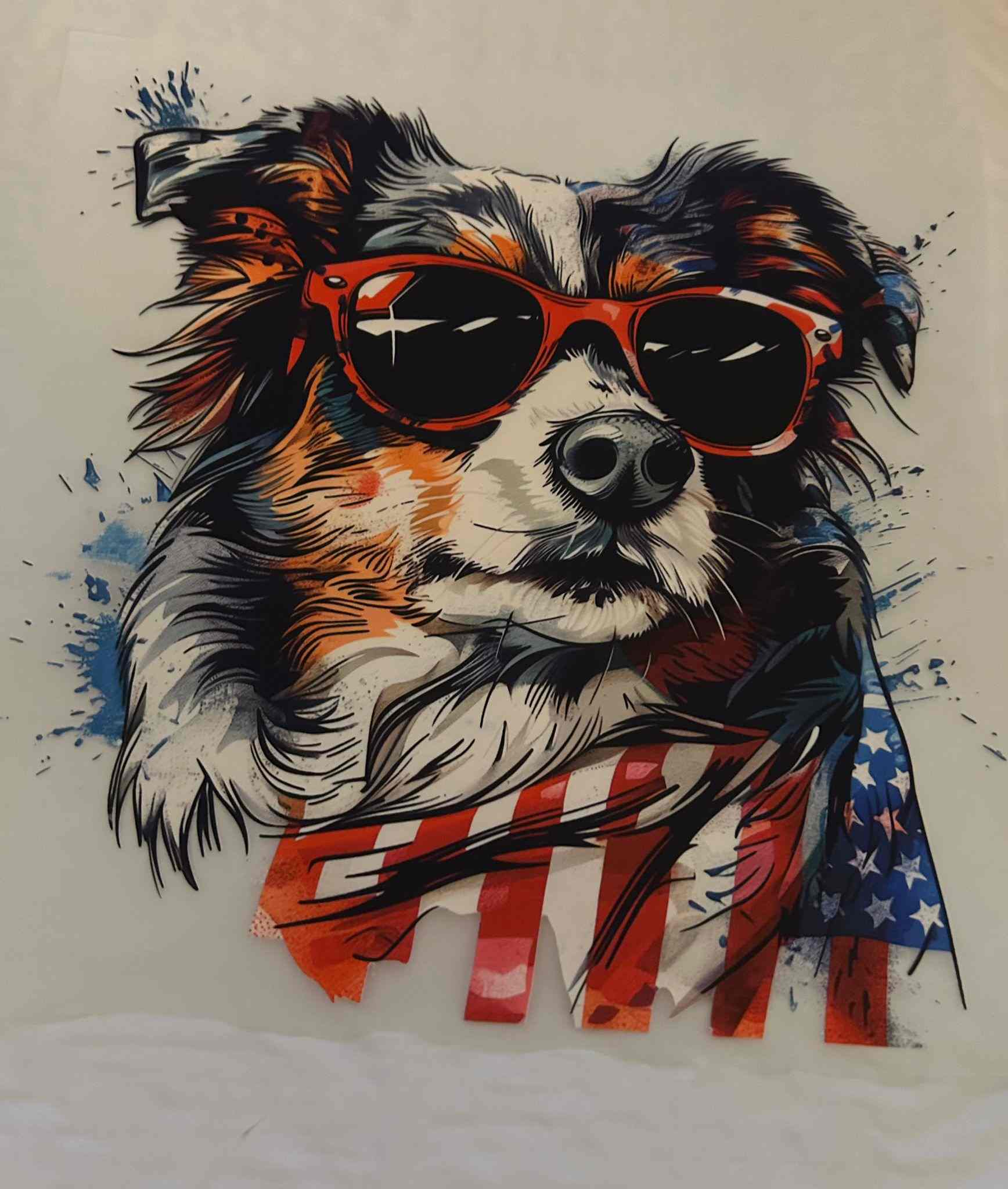 Dog wearing sunglasses with an American flag design, showcasing intricate animal design pattern.