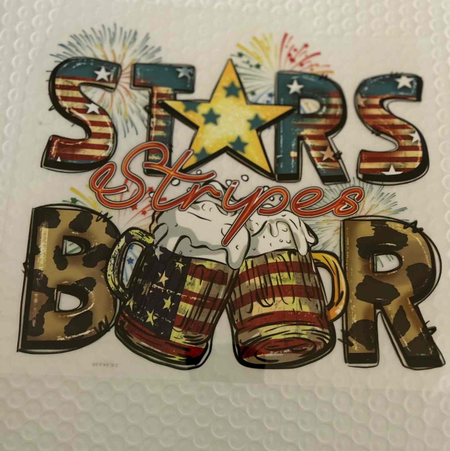 Patriotic Design with stars, stripes, and beer mugs motif.