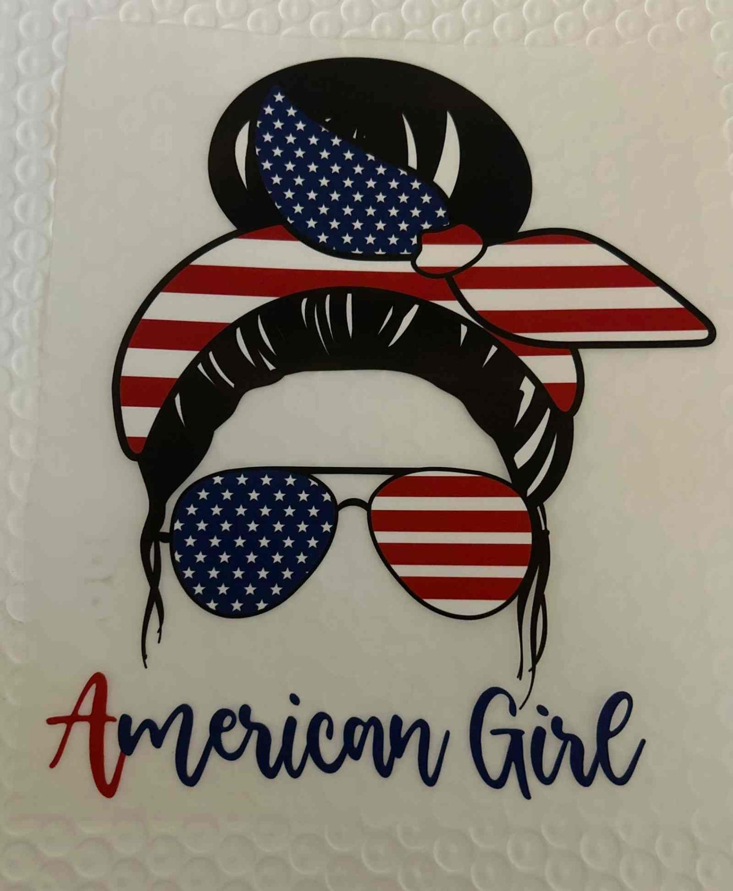 American Girl patriotic design with US flag-inspired sunglasses and headband.