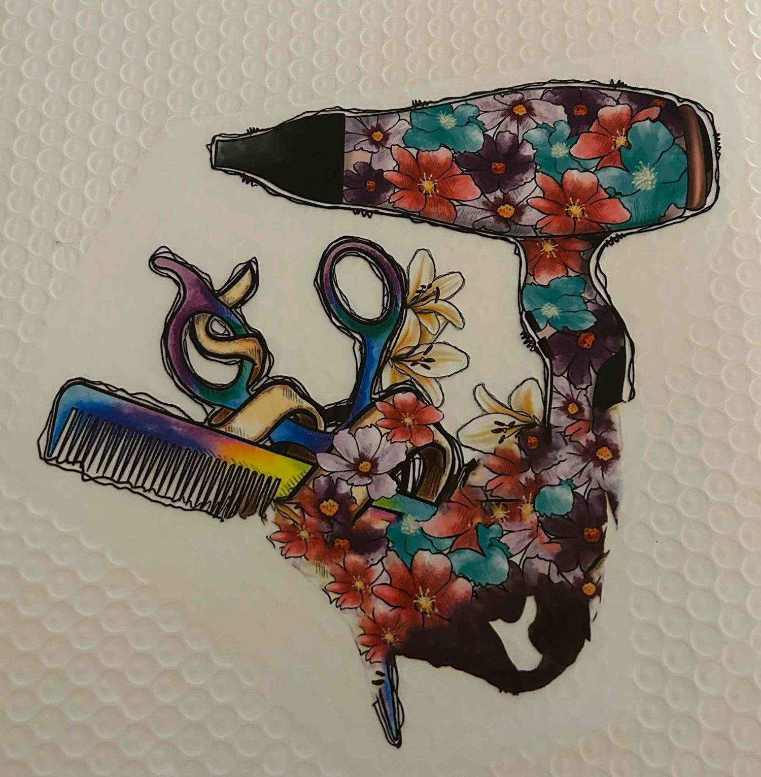 Floral-themed professional design illustration featuring a hairdryer, scissors, and a comb.