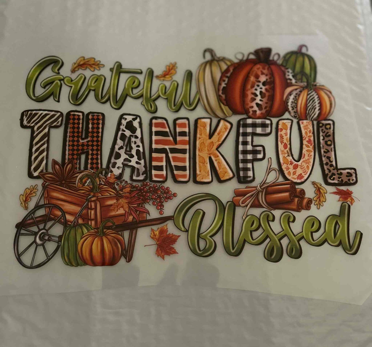 Holiday &amp; season design with pumpkins and fall elements, featuring the words &quot;Grateful,&quot; &quot;Thankful,&quot; and &quot;Blessed.&quot;