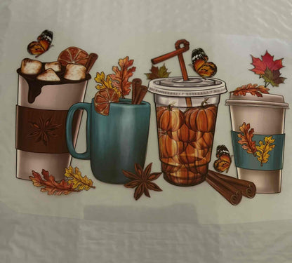 Holiday and season design featuring festive drink illustrations with autumn leaves and butterflies.