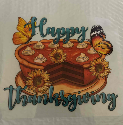 Holiday &amp; season design featuring a &quot;Happy Thanksgiving&quot; theme with butterflies, sunflowers, and a pie.