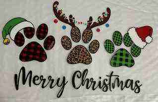 Merry Christmas paw prints with holiday designs and text.